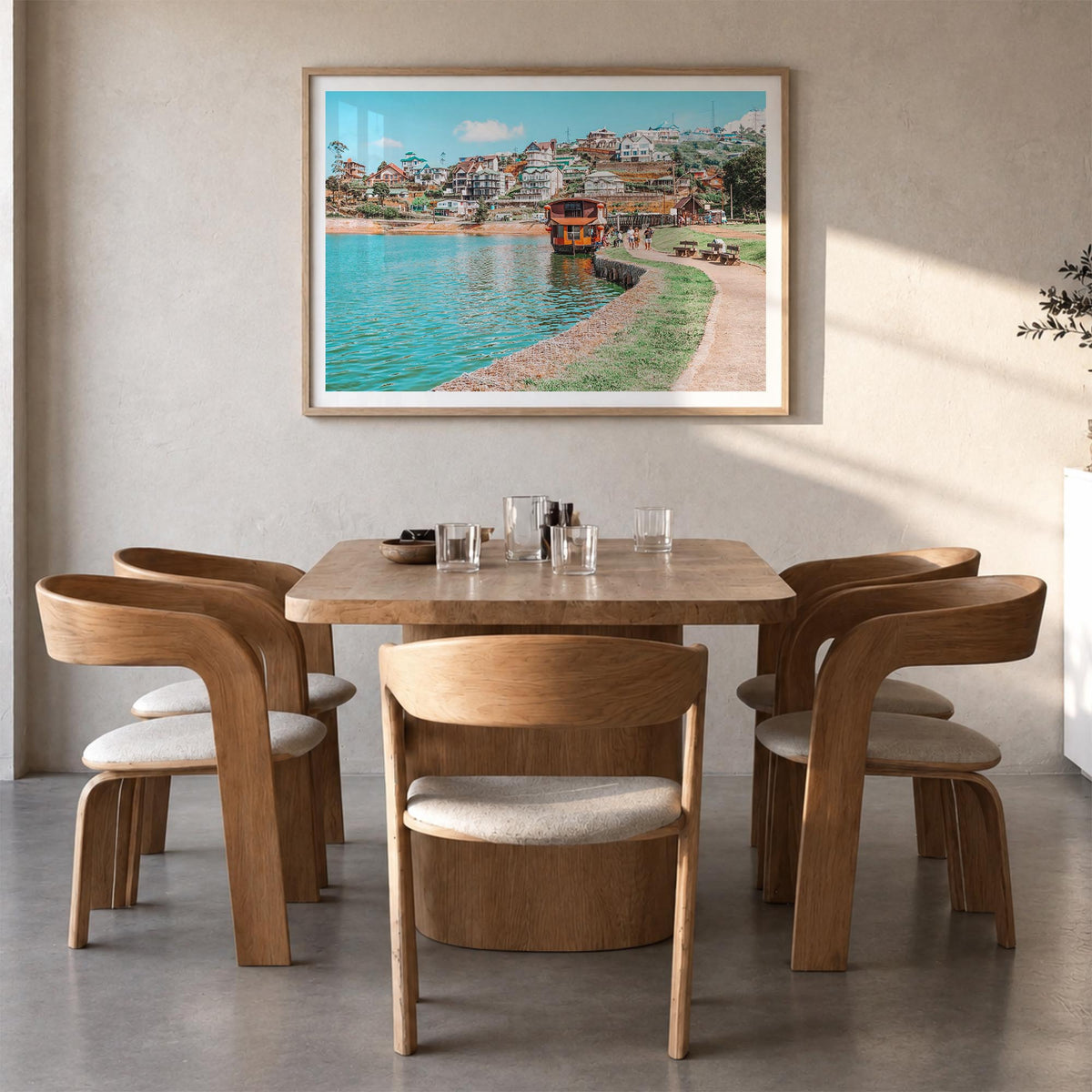 Lake Gregory colorful photo poster of California, USA – horizontal wall art in natural wood frame with white border, hanging 