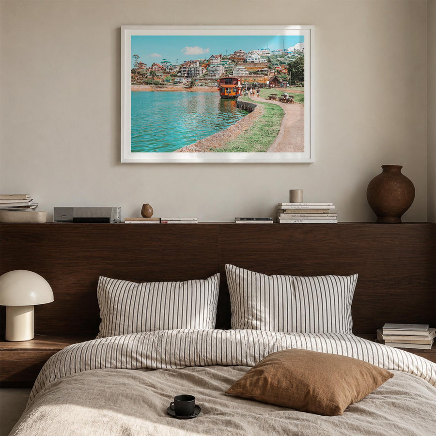 Lake Gregory colorful photo poster of California, USA – horizontal wall art in white wood frame with white border, hanging on