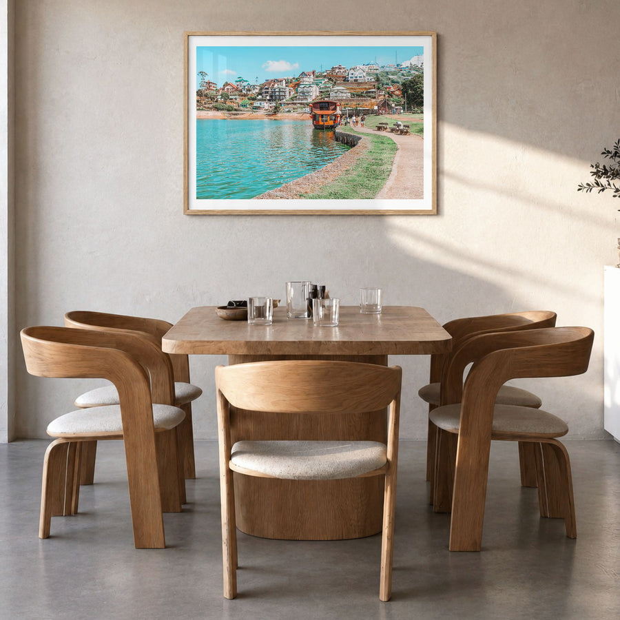 Lake Gregory Photo Poster in a natural wood frame, hanging in a dining room, white border