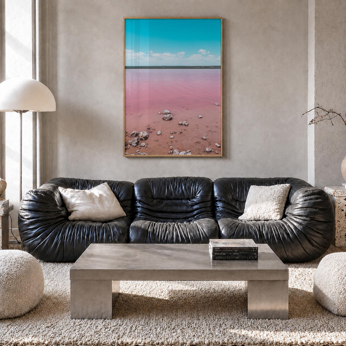 Lake Gregory no. 1 colorful photo poster of California, USA – vertical wall art in natural wood frame, hanging on wall