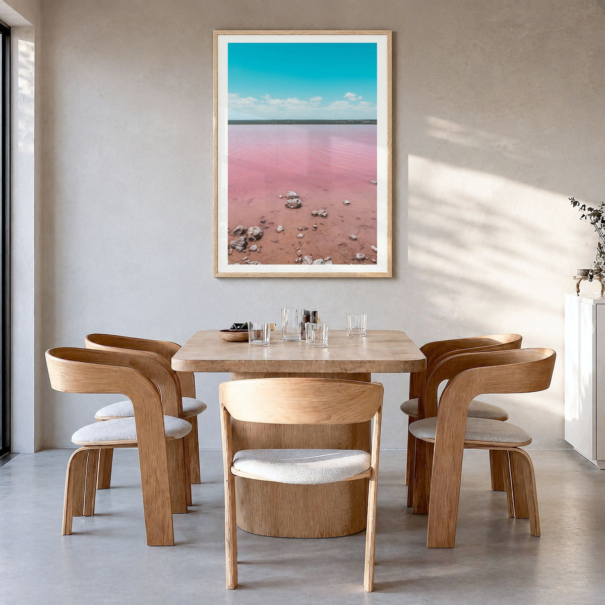 Lake Gregory Photo No 1 Poster in a natural wood frame, hanging in a dining room, white border