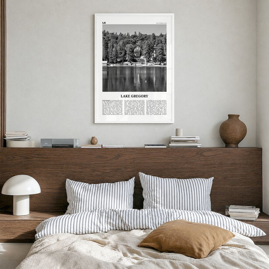 Lake Gregory Newspaper Poster in a white wood frame, hanging in a bedroom