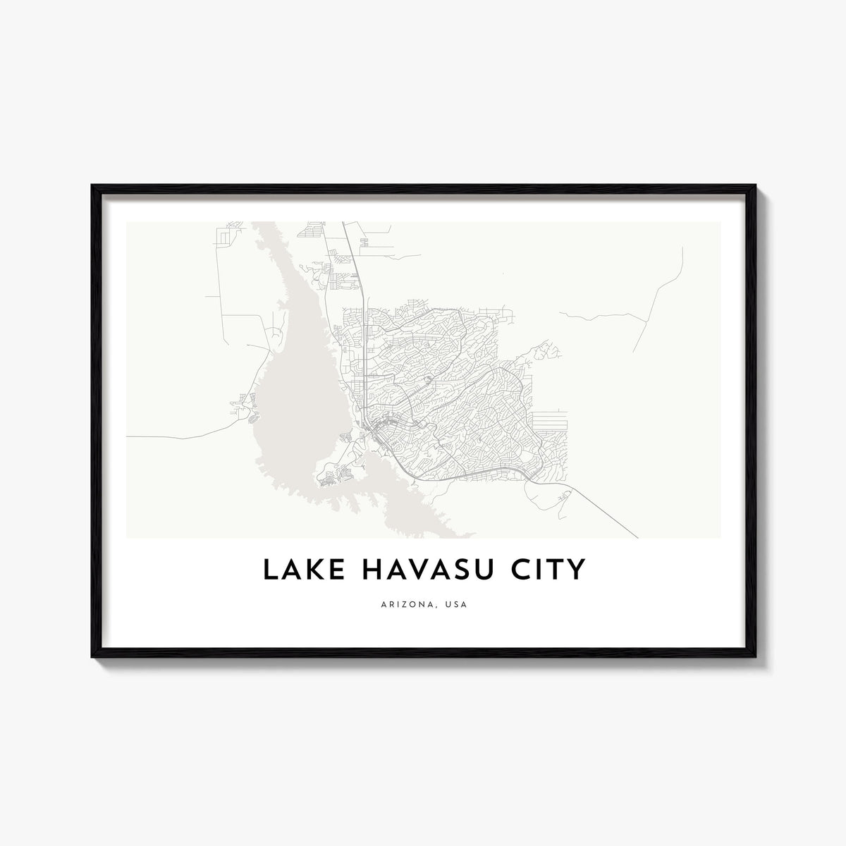 Lake Havasu City black & white map poster of Arizona, USA – horizontal wall art, unframed print shown in interior mockup