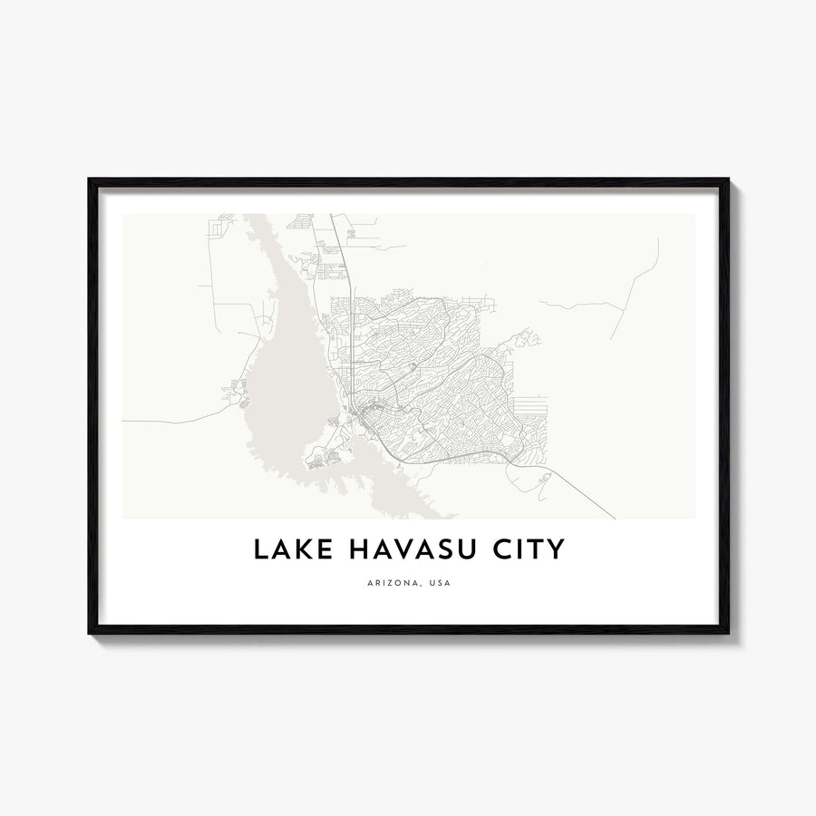 Lake Havasu City black & white map poster of Arizona, USA – horizontal wall art, unframed print shown in interior mockup