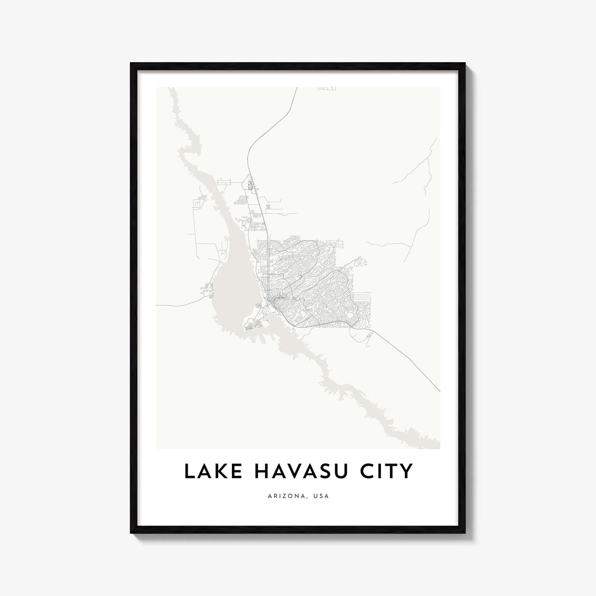 Lake Havasu City black & white map poster of Arizona, USA – vertical wall art, unframed print shown in interior mockup