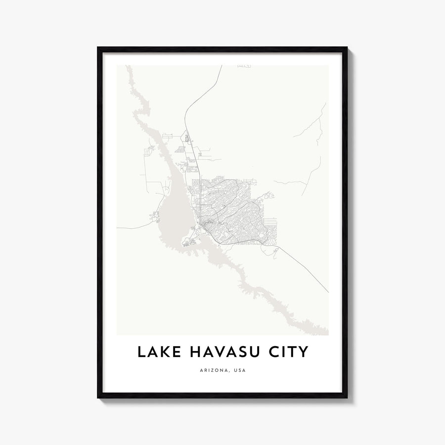 Lake Havasu City black & white map poster of Arizona, USA – vertical wall art, unframed print shown in interior mockup