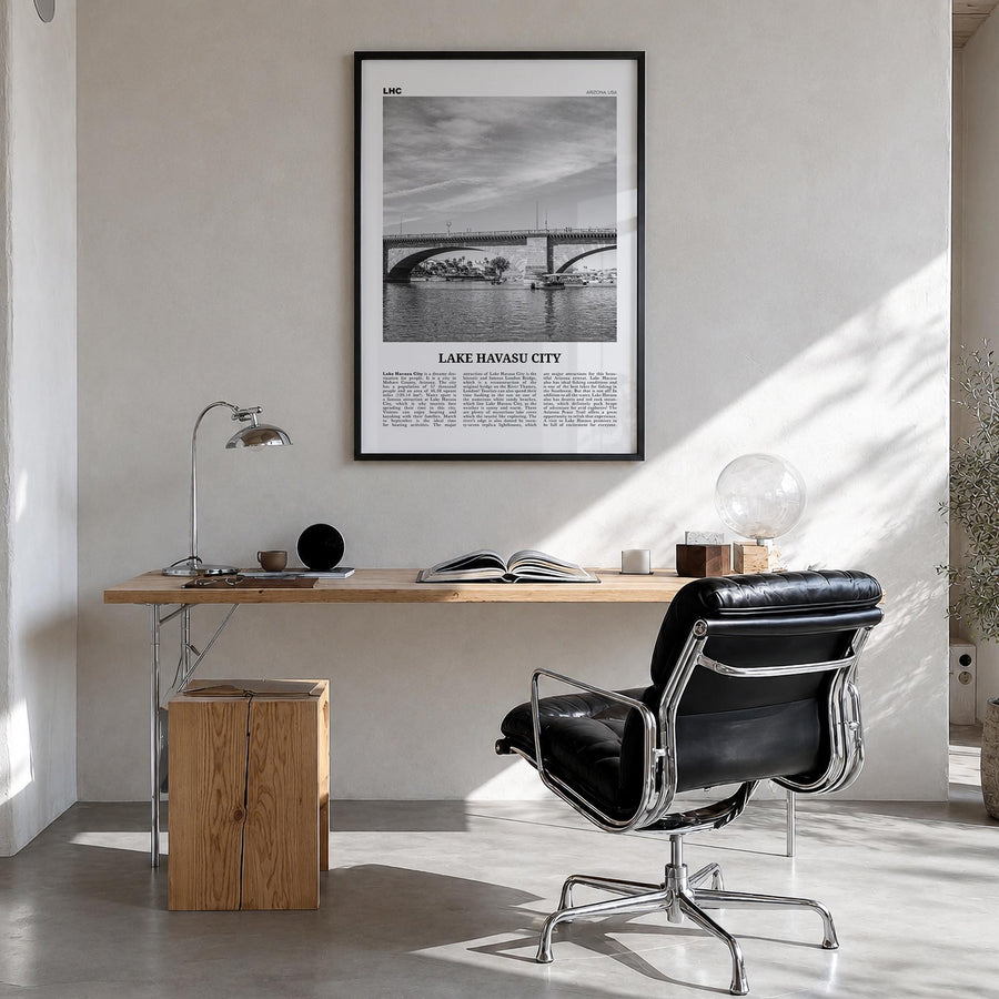 Lake Havasu City black & white newspaper poster of Arizona, USA – vertical wall art in black wood frame, hanging on wall