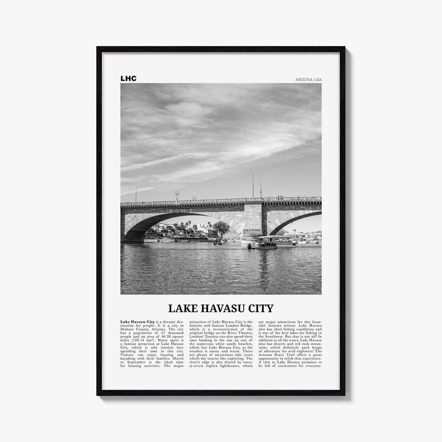 Lake Havasu City black & white newspaper poster of Arizona, USA – vertical wall art, unframed print shown in interior mockup