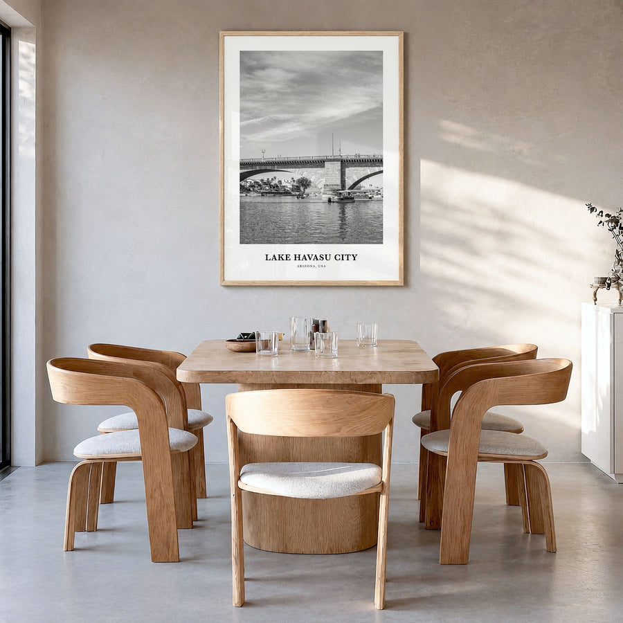 Lake Havasu City Classic Poster in a natural wood frame, hanging in a dining room