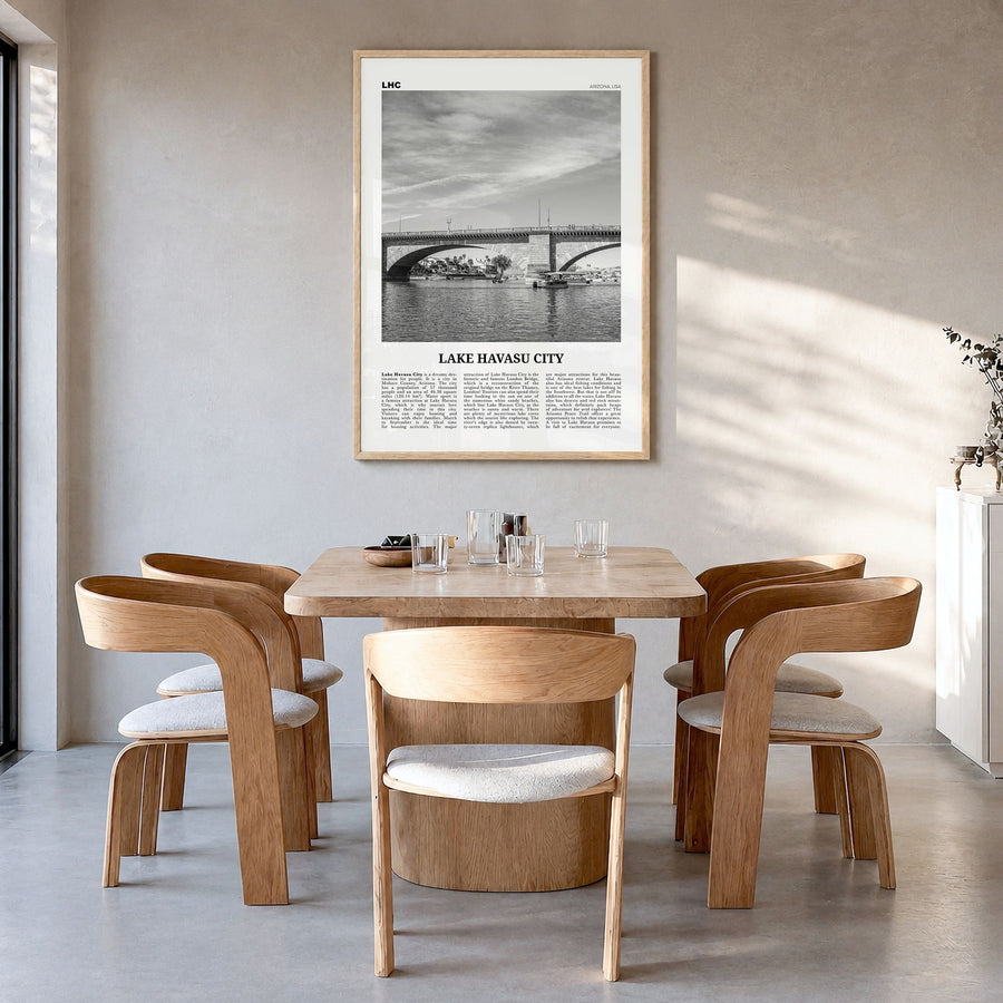 Lake Havasu City Newspaper Poster in a natural wood frame, hanging in a dining room