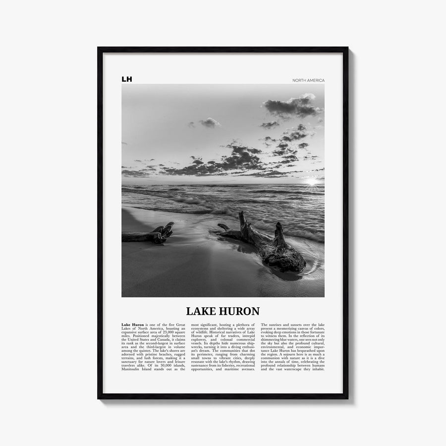 Lake Huron black & white newspaper poster of North America – vertical wall art, unframed print shown in interior mockup