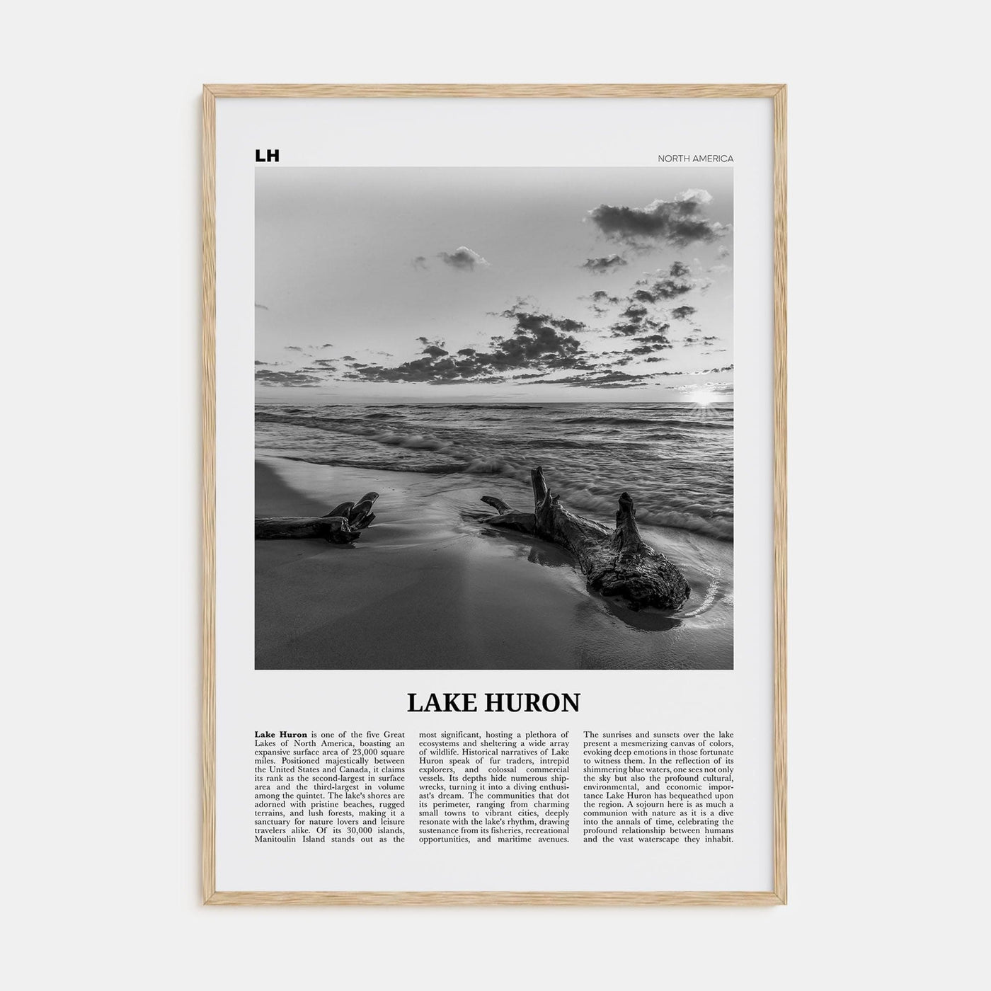 Lake Huron Poster Natural Wood / 8x12 in Nbourhood Travel B&W Poster