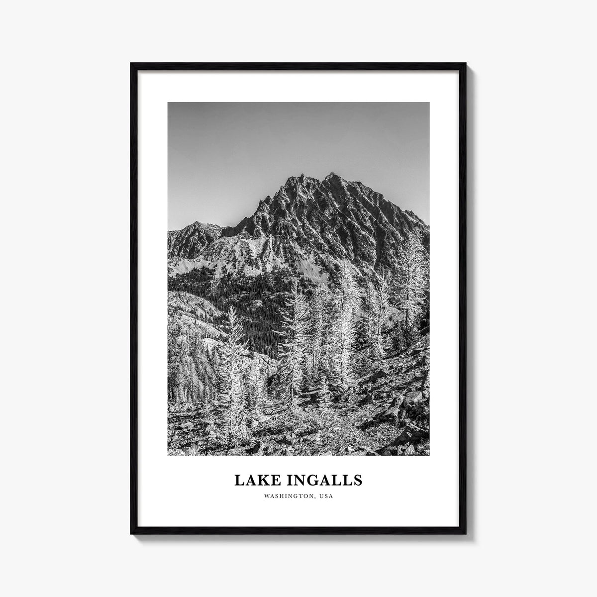 Lake Ingalls black & white classic poster of Washington, USA – vertical wall art, unframed print shown in interior mockup