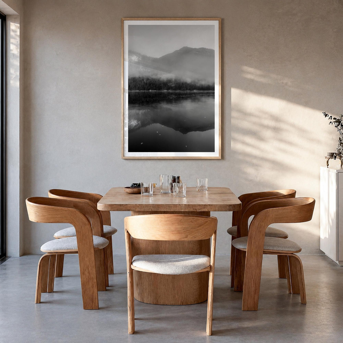 Königssee black & white photo poster of Germany – vertical wall art in natural wood frame with white border, hanging on wall