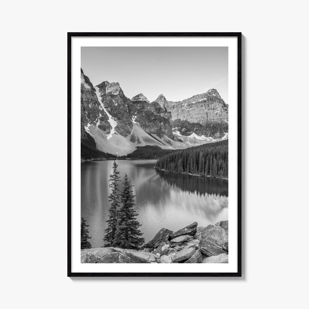 Lake Louise black & white photo poster of Alberta, Canada – vertical wall art, unframed print shown in interior mockup
