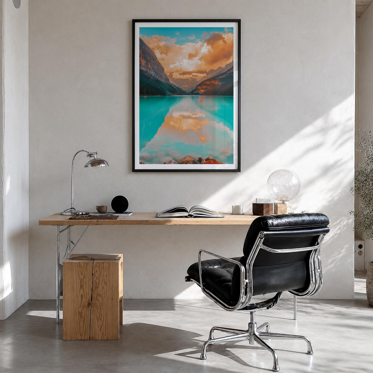 Lake Louise colorful photo poster of Alberta, Canada – vertical wall art in black wood frame with white border, hanging on wa