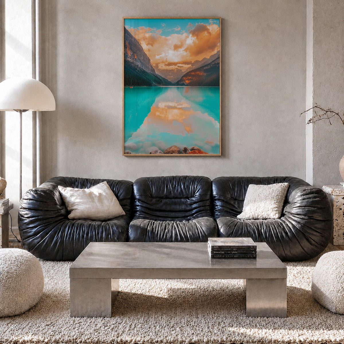 Lake Louise colorful photo poster of Alberta, Canada – vertical wall art in natural wood frame, hanging on wall