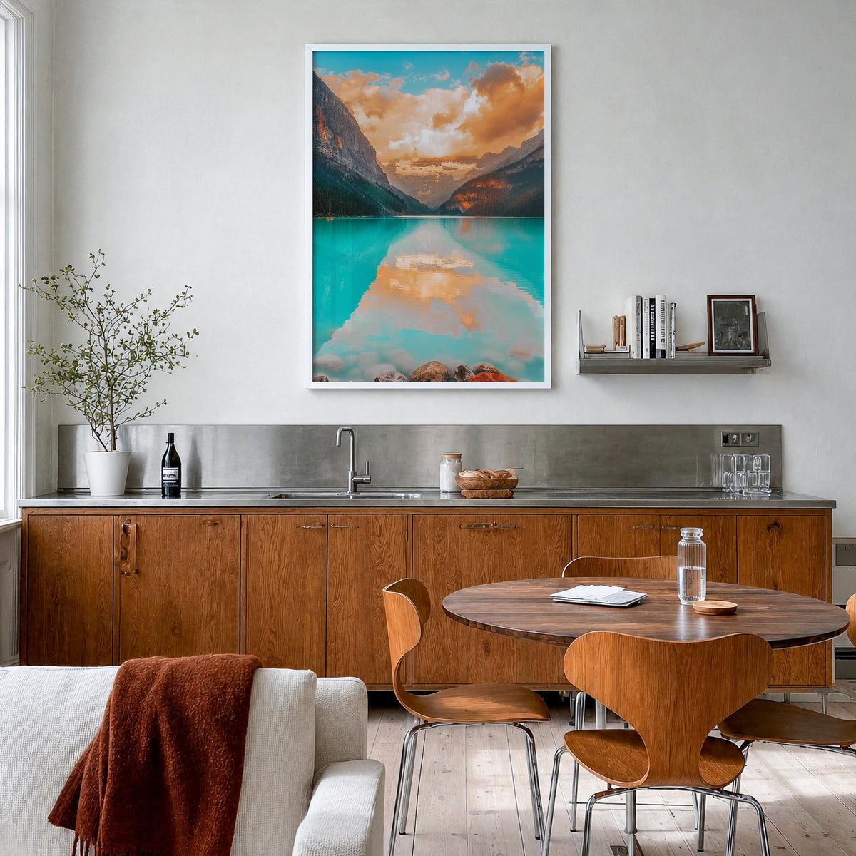 Lake Louise colorful photo poster of Alberta, Canada – vertical wall art in white wood frame, hanging on wall