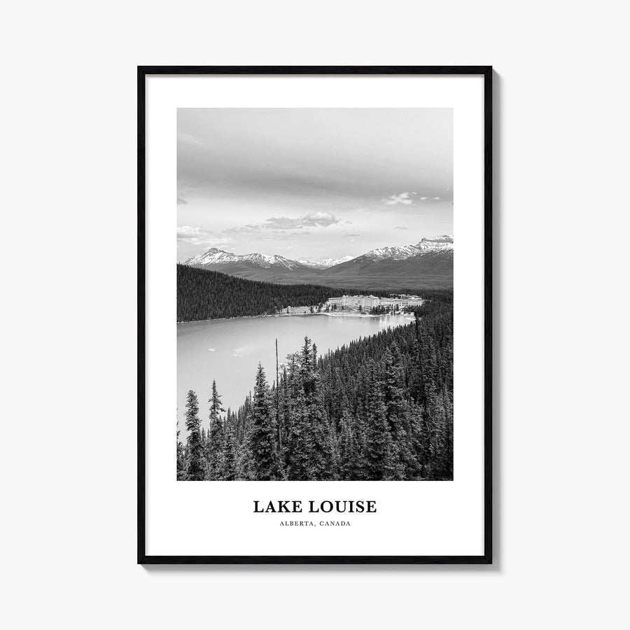 Lake Louise no. 1 black & white classic poster of Alberta, Canada – vertical wall art, unframed print shown in interior mocku