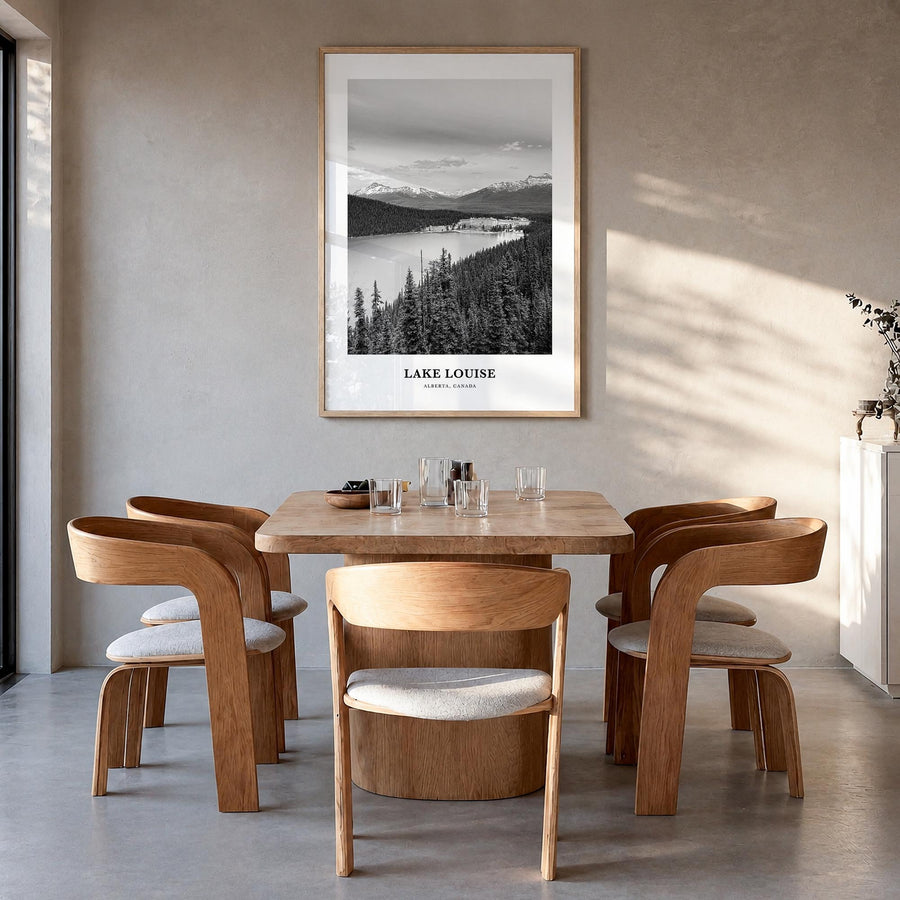 Lake Louise no. 1 black & white classic poster of Alberta, Canada – vertical wall art in natural wood frame, hanging on wall