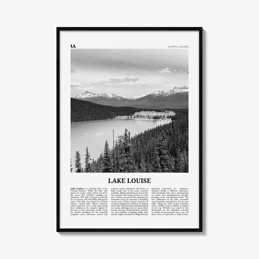 Lake Louise no. 1 black & white newspaper poster of Alberta, Canada – vertical wall art, unframed print shown in interior moc
