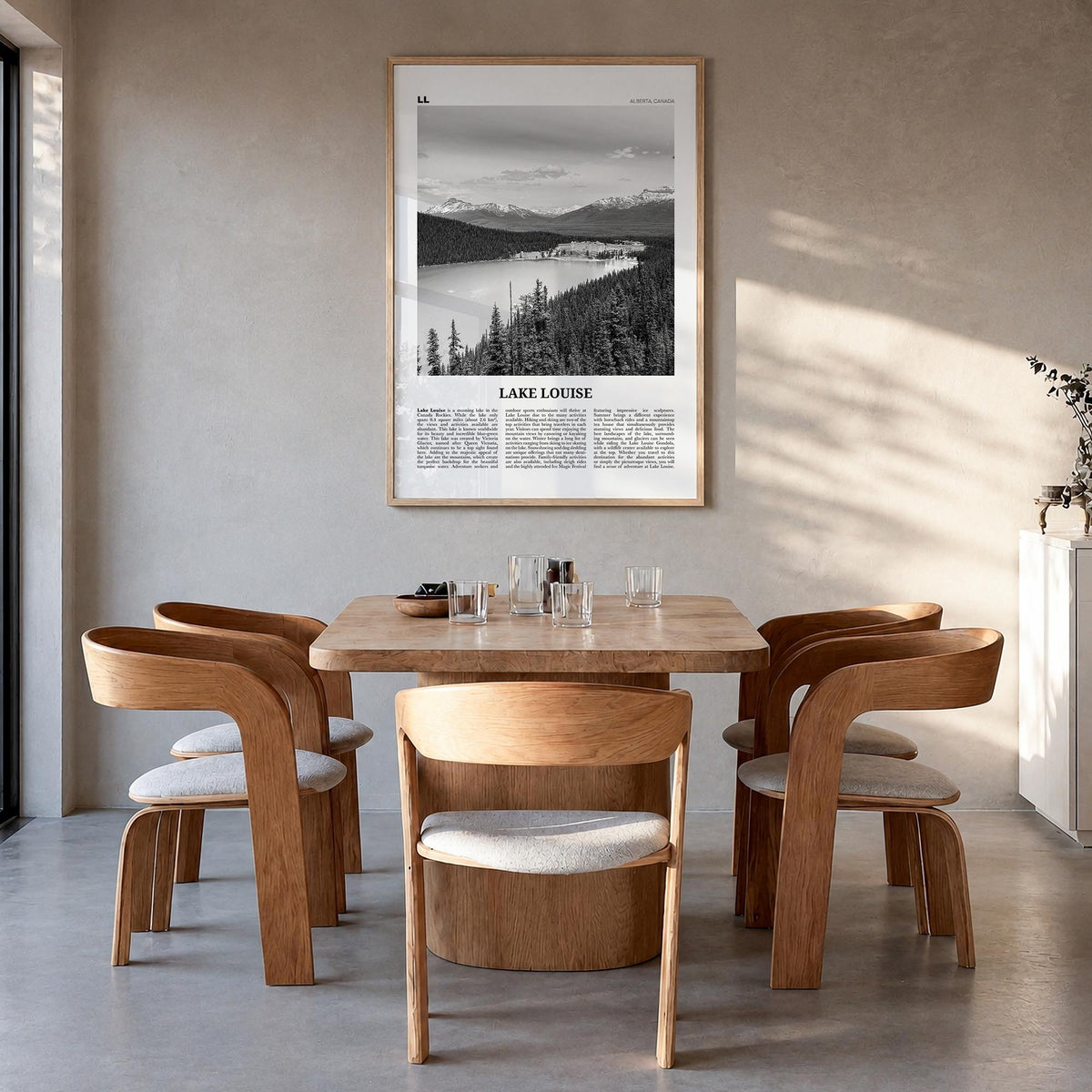 Lake Louise no. 1 black & white newspaper poster of Alberta, Canada – vertical wall art in natural wood frame, hanging on wal