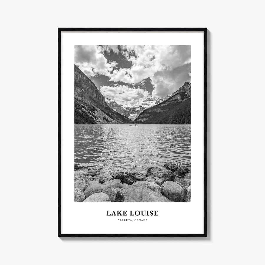 Lake Louise no. 2 black & white classic poster of Alberta, Canada – vertical wall art, unframed print shown in interior mocku