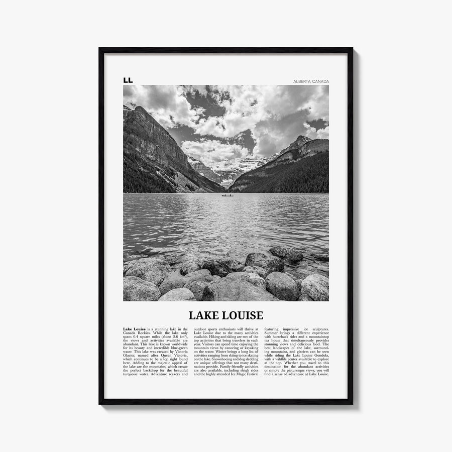Lake Louise no. 2 black & white newspaper poster of Alberta, Canada – vertical wall art, unframed print shown in interior moc