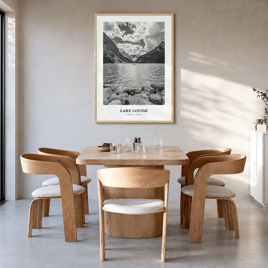 Lake Louise Classic No 2 Poster in a natural wood frame, hanging in a dining room