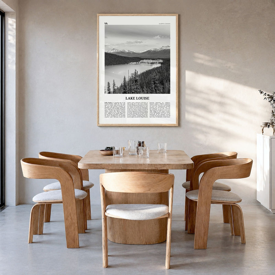 Lake Louise Newspaper No 1 Poster in a natural wood frame, hanging in a dining room