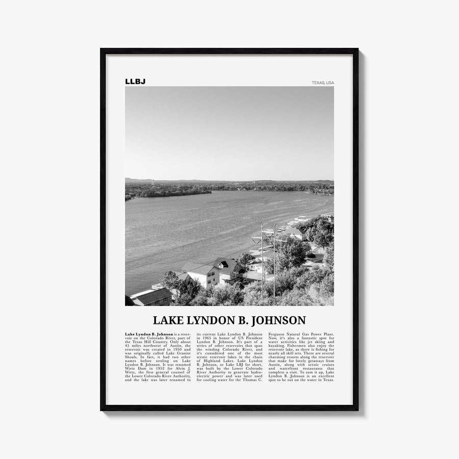 Lake Lyndon B. Johnson black & white newspaper poster of Texas, USA – vertical wall art, unframed print shown in interior moc