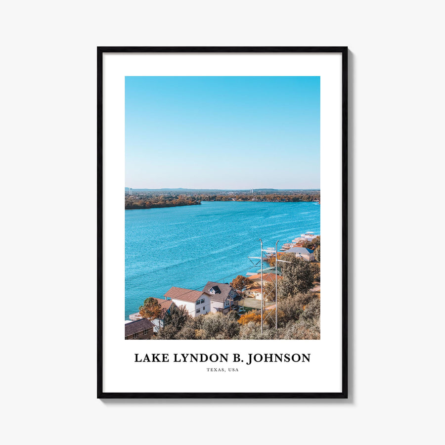 Lake Lyndon B. Johnson colorful classic poster of Texas, USA – vertical wall art, unframed print shown in interior mockup