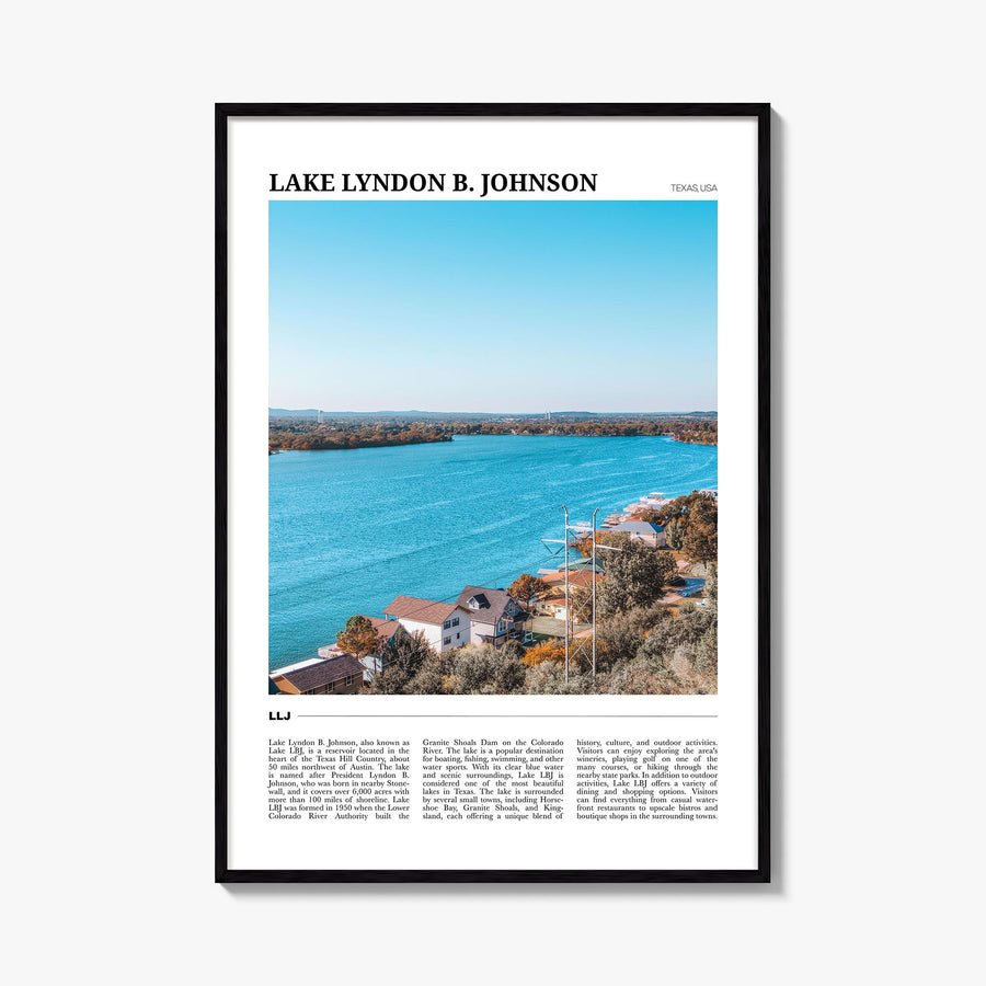 Lake Lyndon B. Johnson colorful travel poster of Texas, USA – vertical wall art, unframed print shown in interior mockup