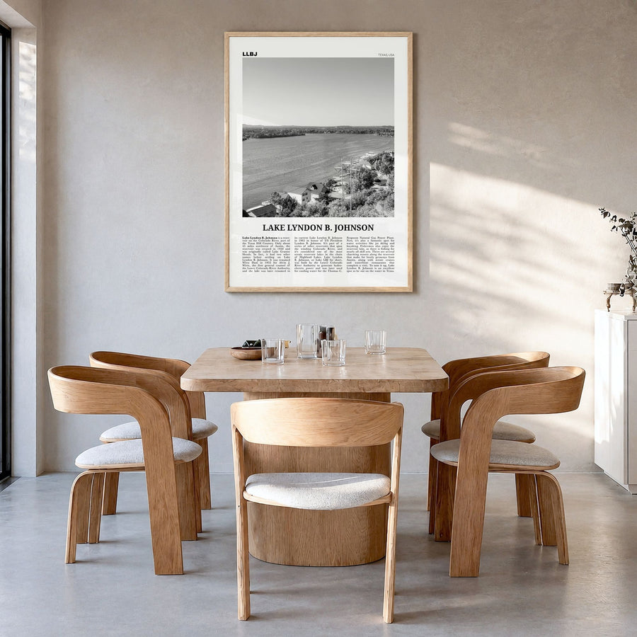 Lake Lyndon B. Johnson Newspaper Poster in a natural wood frame, hanging in a dining room