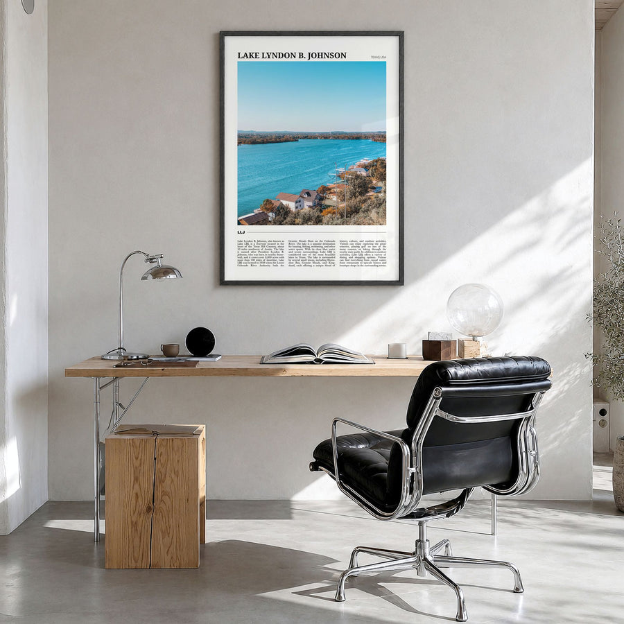 Lake Lyndon B. Johnson Travel Poster in a black wood frame, hanging in a bright home office