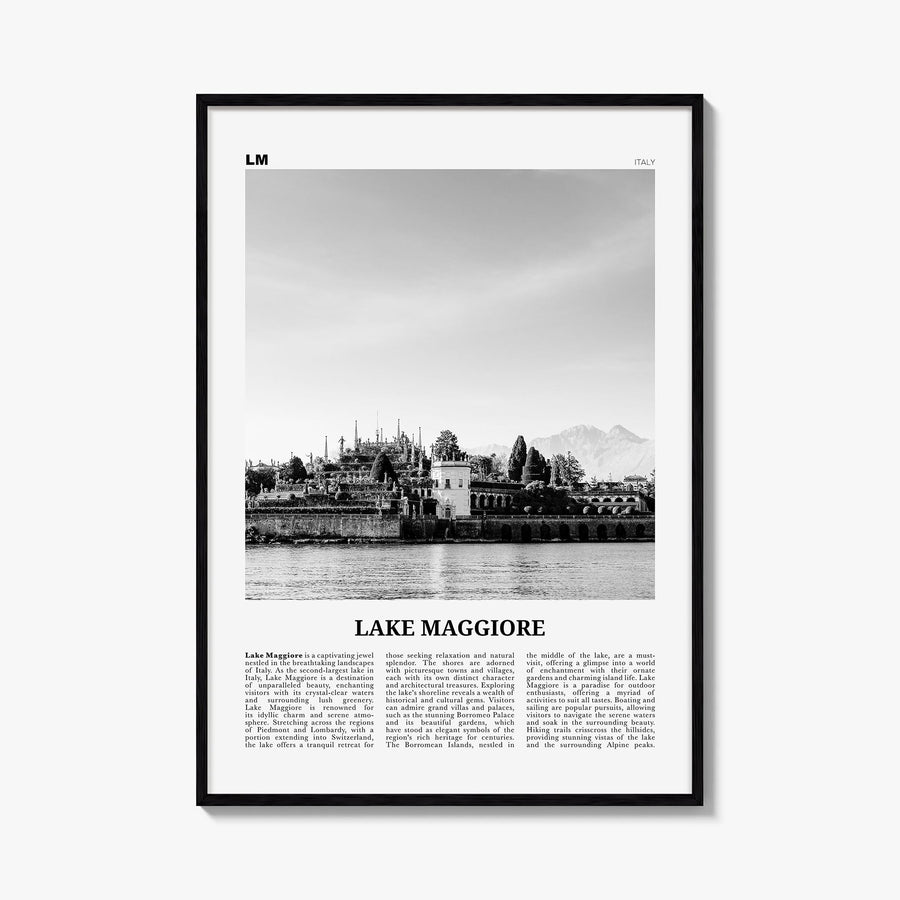 Lake Maggiore black & white newspaper poster of Italy & Switzerland – vertical wall art, unframed print shown in interior moc