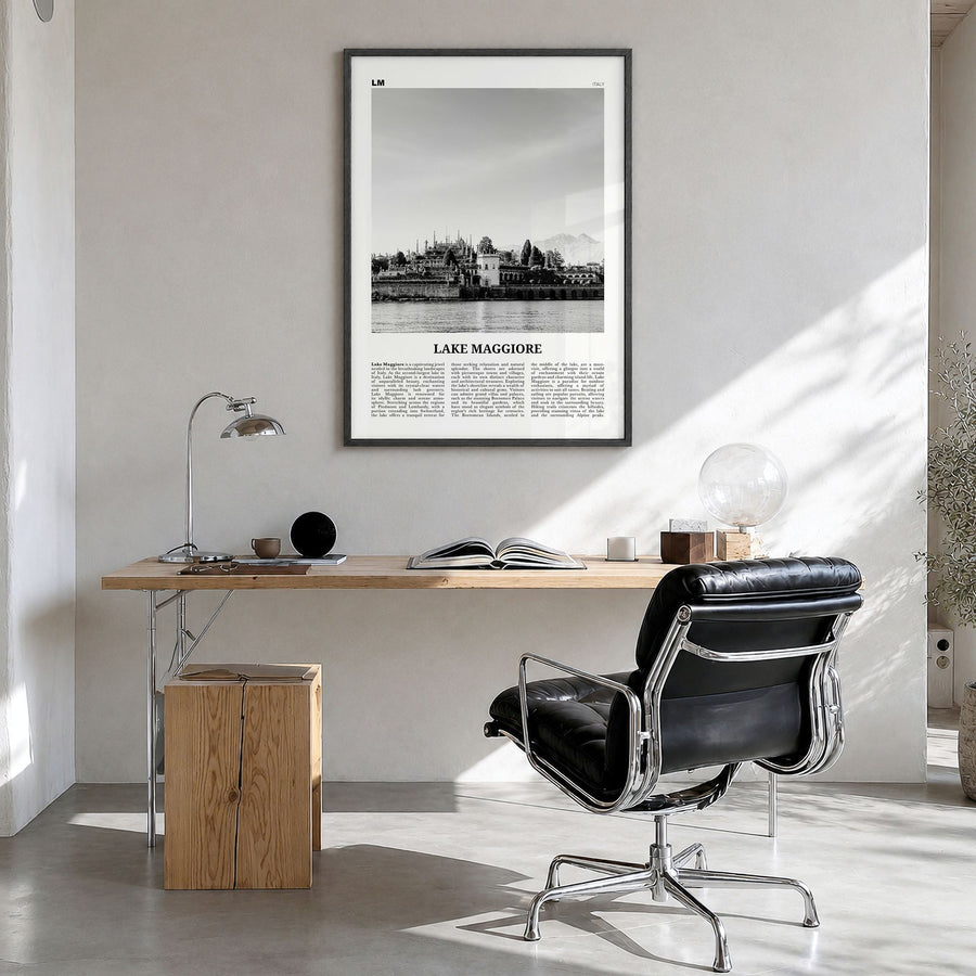 Lake Maggiore Newspaper Poster in a black wood frame, hanging in a bright home office