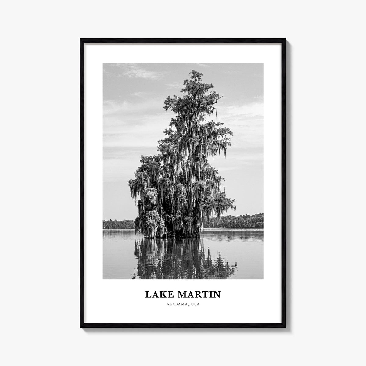 Lake Martin no. 1 black & white classic poster of Alabama, USA – vertical wall art, unframed print shown in interior mockup