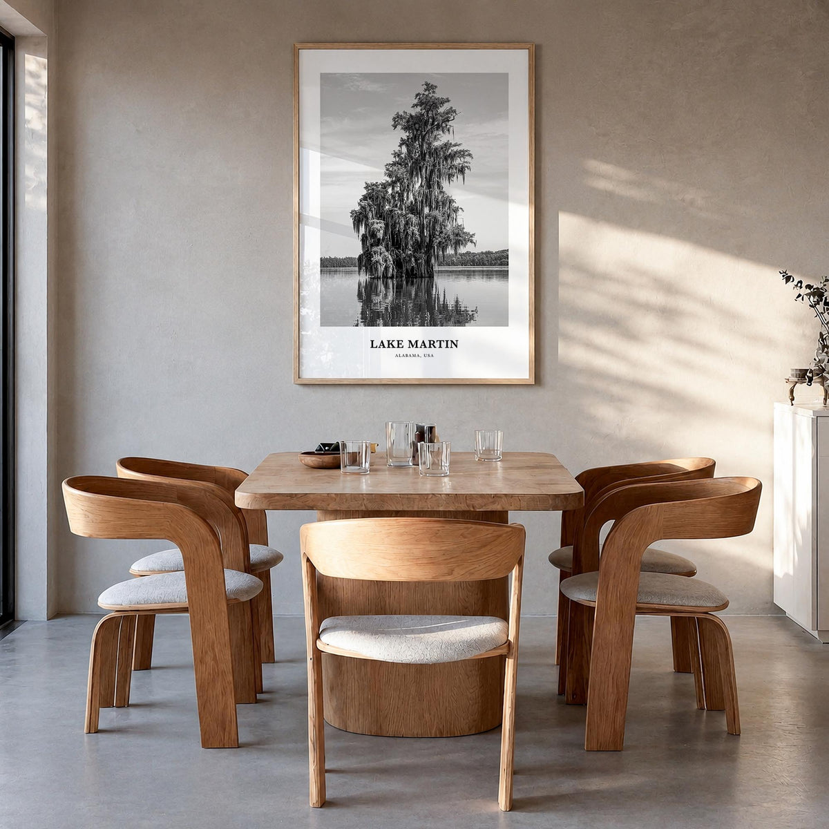 Lake Martin no. 1 black & white classic poster of Alabama, USA – vertical wall art in natural wood frame, hanging on wall