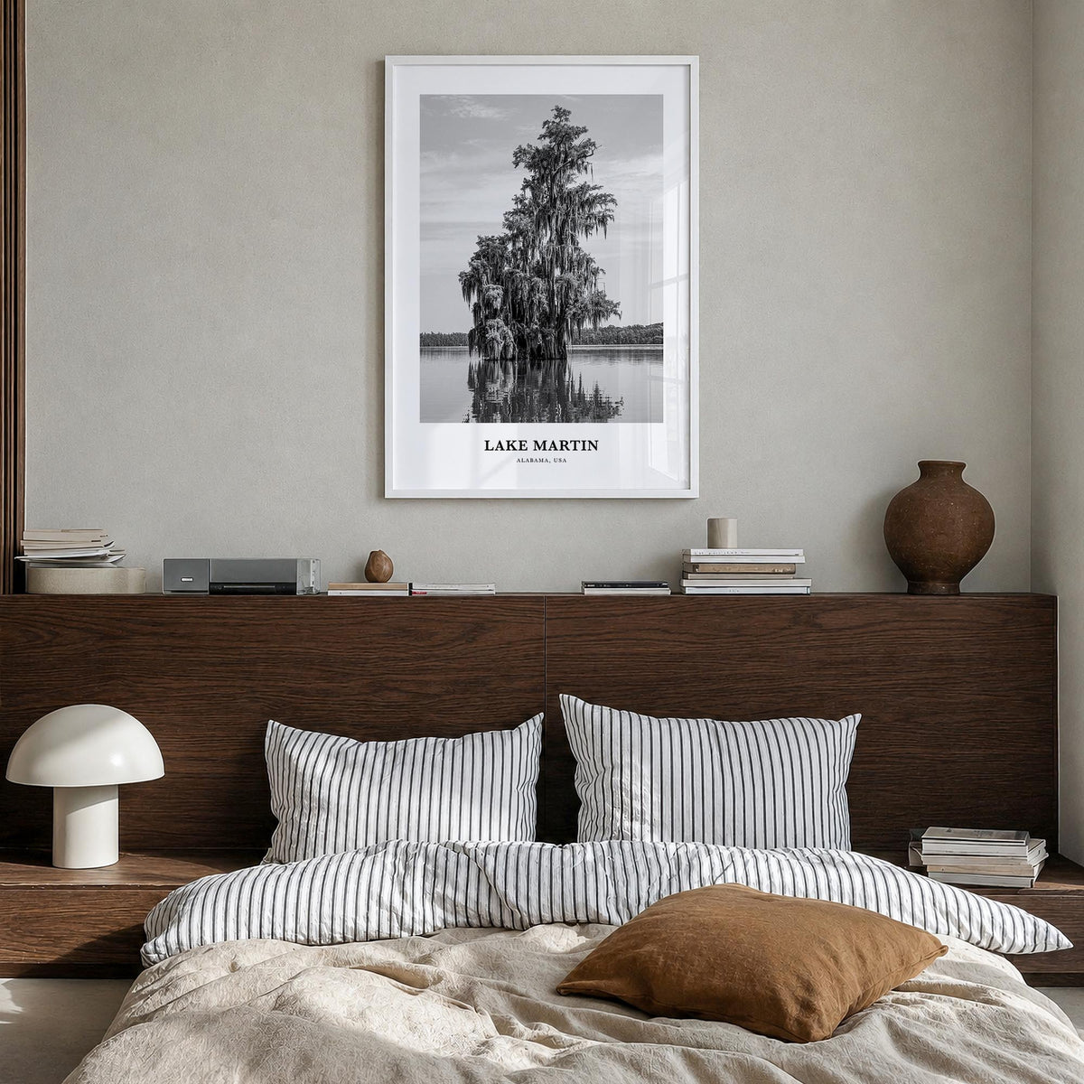 Lake Martin no. 1 black & white classic poster of Alabama, USA – vertical wall art in white wood frame, hanging on wall