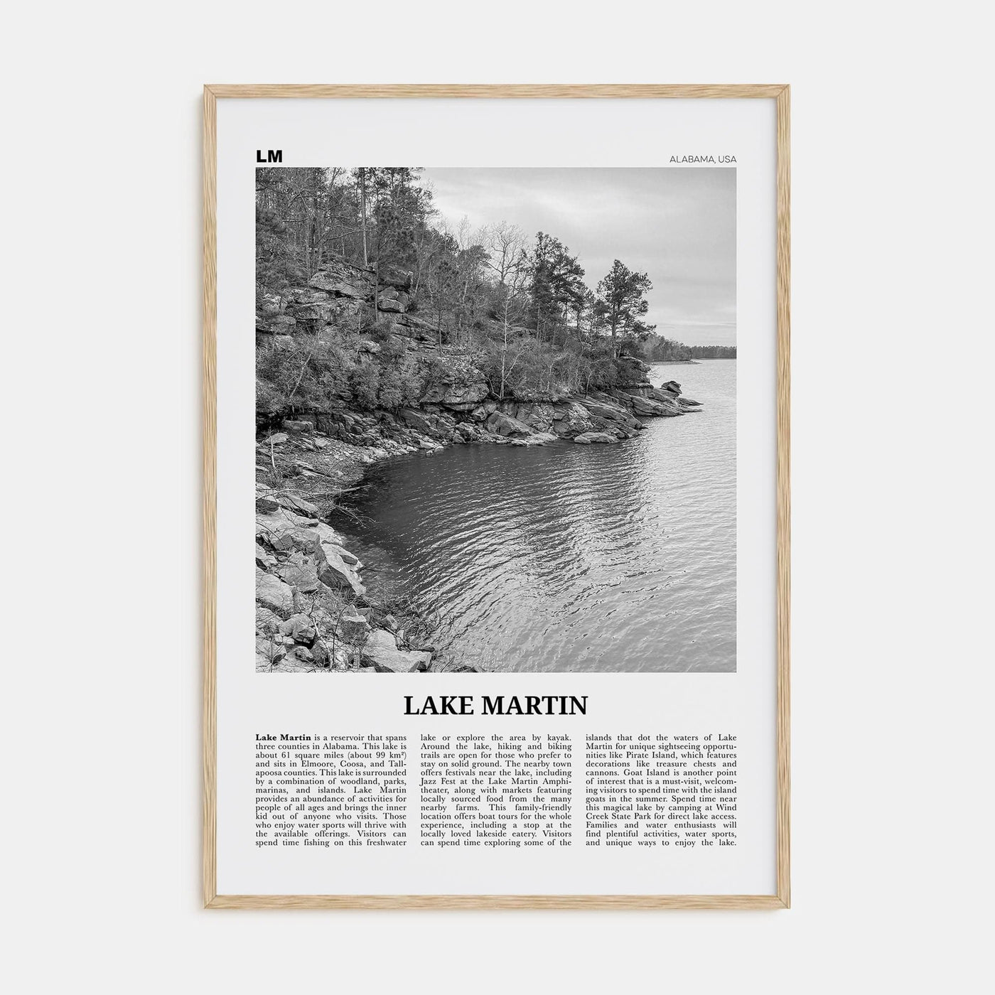 Lake Martin No 1 Poster Natural Wood / 8x12 in Nbourhood Travel B&W Poster