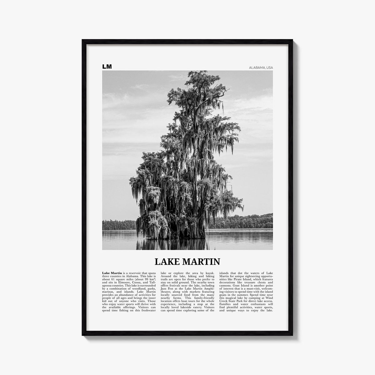 Lake Martin no. 2 black & white newspaper poster of Alabama, USA – vertical wall art, unframed print shown in interior mockup