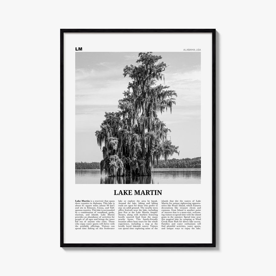 Lake Martin no. 2 black & white newspaper poster of Alabama, USA – vertical wall art, unframed print shown in interior mockup