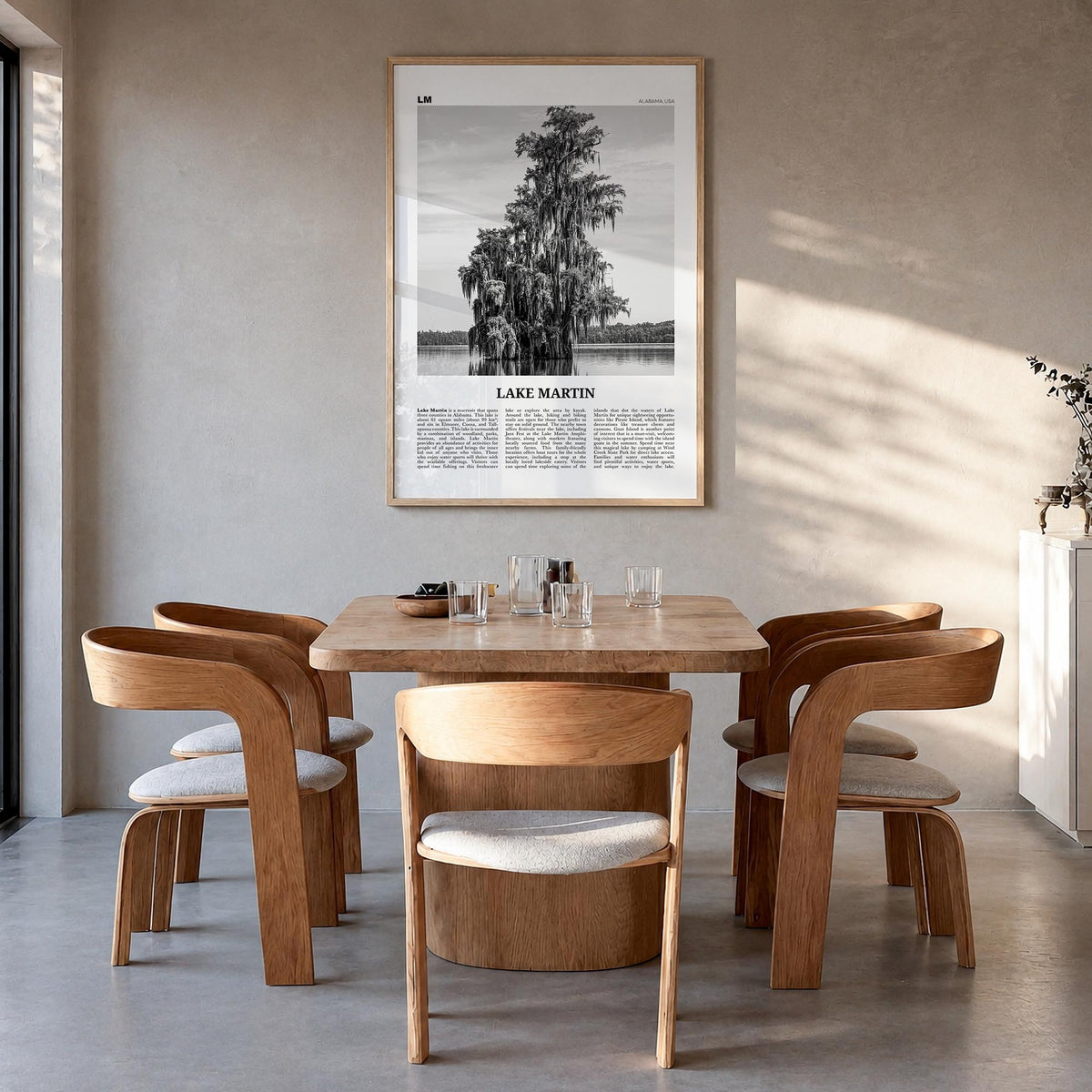 Lake Martin no. 2 black & white newspaper poster of Alabama, USA – vertical wall art in natural wood frame, hanging on wall