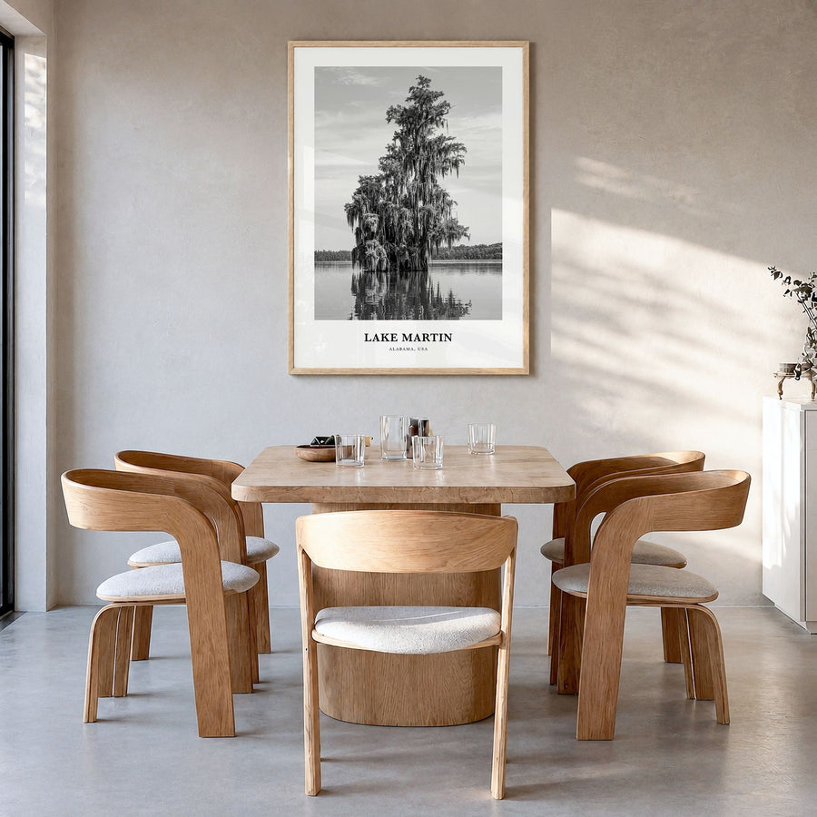 Lake Martin Classic No 1 Poster in a natural wood frame, hanging in a dining room