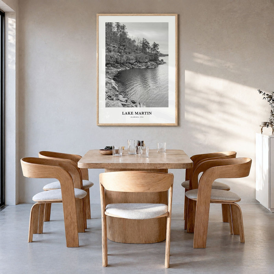 Lake Martin Classic No 2 Poster in a natural wood frame, hanging in a dining room