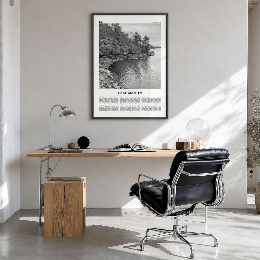 Lake Martin Newspaper No 1 Poster in a black wood frame, hanging in a bright home office