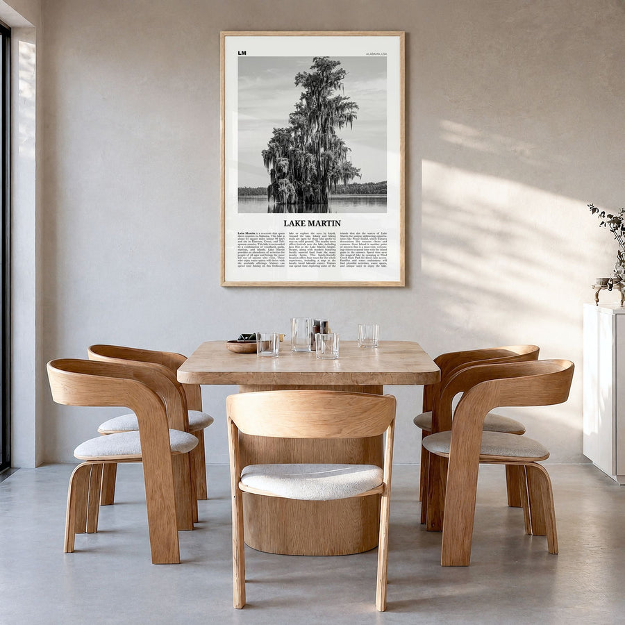 Lake Martin Newspaper No 2 Poster in a natural wood frame, hanging in a dining room