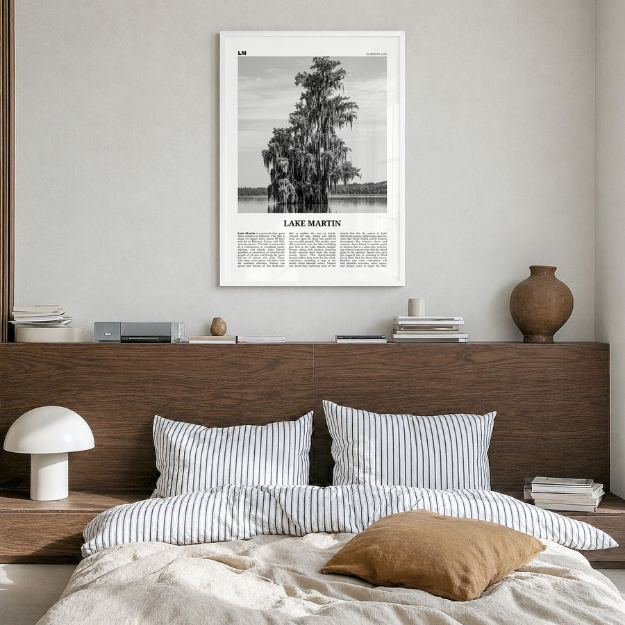Lake Martin Newspaper No 2 Poster in a white wood frame, hanging in a bedroom