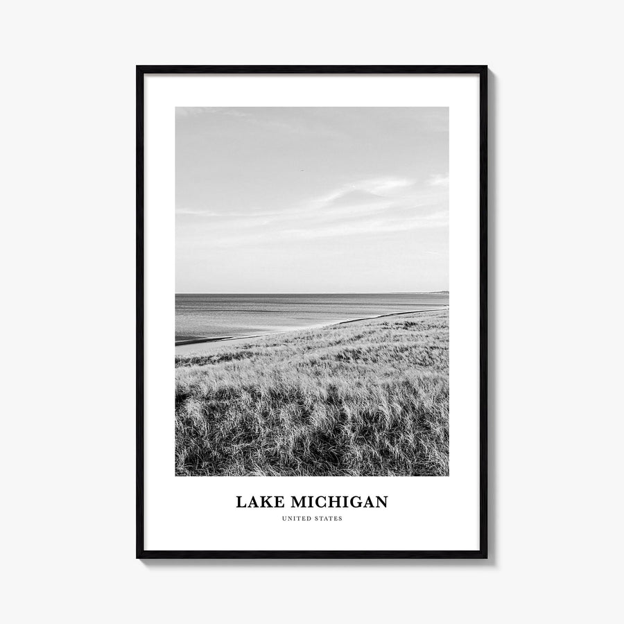 Lake Michigan black & white classic poster of United States – vertical wall art, unframed print shown in interior mockup